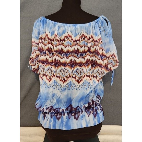 GUESS Blouse Top Size XS Ikat Aztec Colorful Cold Shoulder Short Sleeve Sheer - Picture 3 of 11